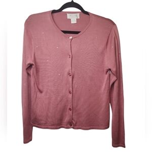 Silk Club Collection Women's Silk Pink Crystal Embellished Cardigan Size S